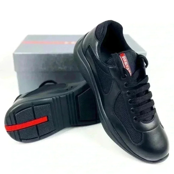 AUTH PRADA AMERICAS CUP SNEAKERS SHOES 4E2816 BLACK LEATHER US 8.5 - Picture 1 of 13